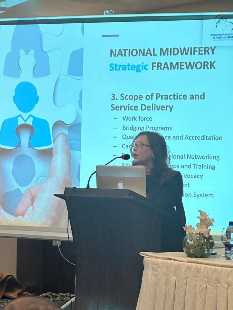 Tasneem Afshan, Vice President of the Midwifery Association of Pakistan (MAP), delivered a compelling presentation on strengthening midwifery in Pakistan during the RMNCH and Midwifery Technical Working Group Meeting held at the Best Western Hotel, Islamabad.